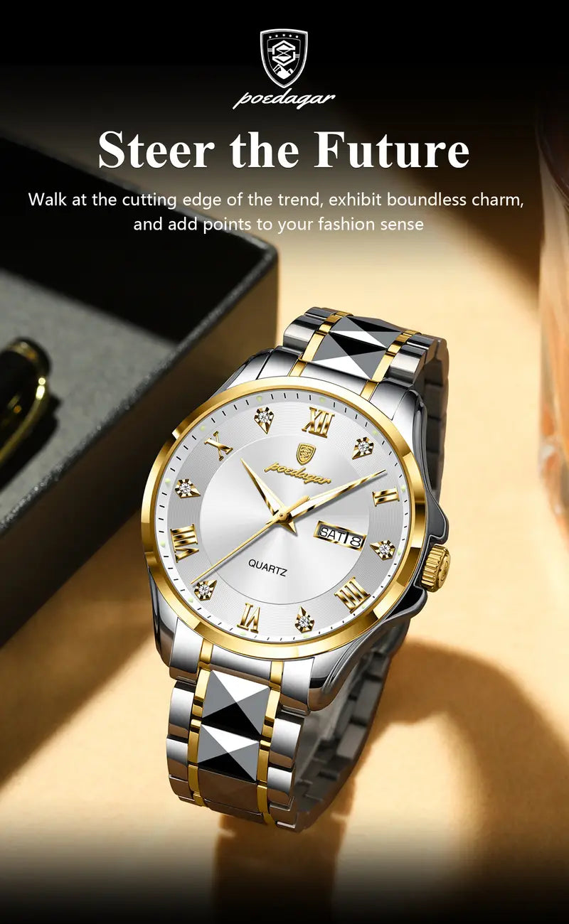 POEDAGAR Men'S Quartz Watch - Stainless Steel Band, Waterproof, Night Light, Date & Week Display, Elegant Golden-Tone Accents, Casual Style, Battery Operated, Elegant Timepiece | Golden Accents Watch | Quartz Movement Watch, POEDAGA