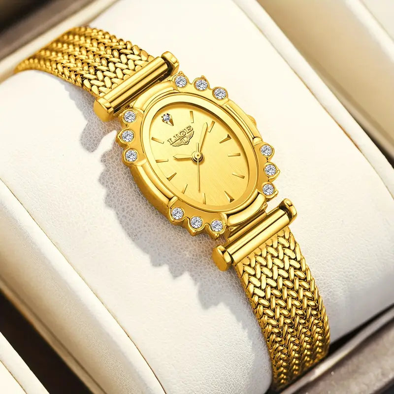 LIGE Elegant Women'S Quartz Watch - Golden Silvery Bracelet, Classic Oval Dial Minimalist Dial for Everyday & Formal Wear - Luxury Watch Gift for Men/Women Birthday, Anniversary, Wedding occasions