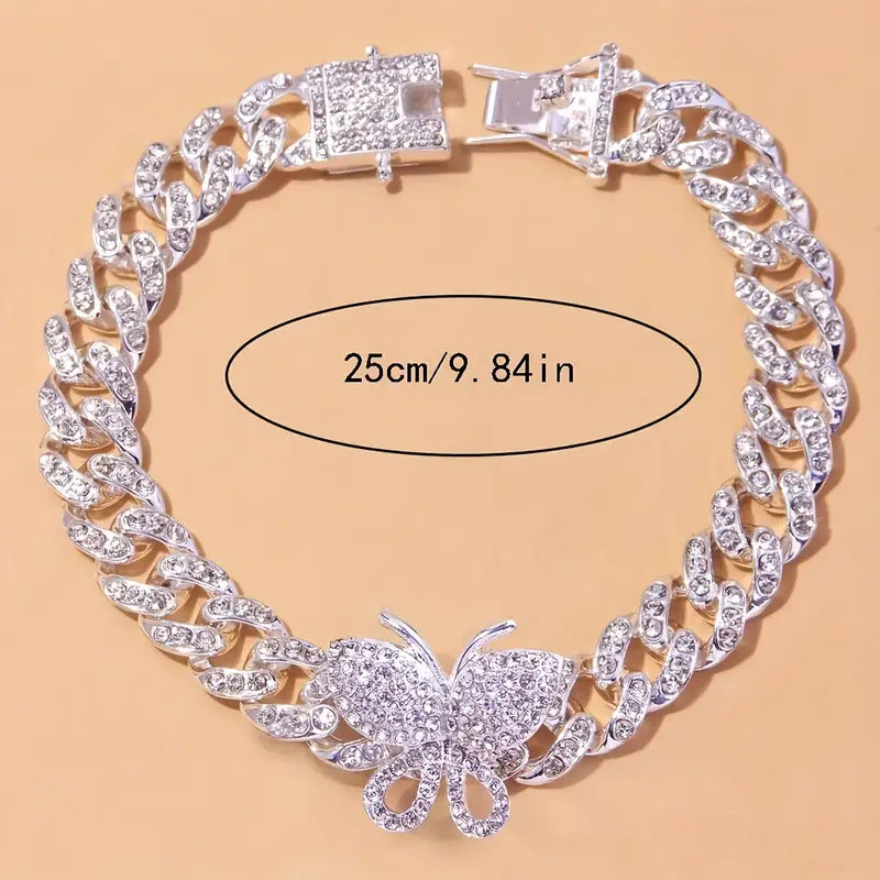 2 PCS Bling Bling Butterfly Claw Cuban Chain Anklet Inlaid Shiny Rhinestone Animal Theme Hip Hop Style Ankle Bracelet Gift For Women Girls