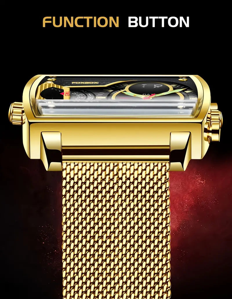 FOXBOX Elegant Women's Watch with Stainless Steel Mesh Strap, Dual Time Zone Display, Luminous Black Dial, Golden-Tone Square Case, IP68 High Quality, Quartz Movement, Bling Watch, Luxury Timepiece, Sleek Square Design, Durable Timepiece