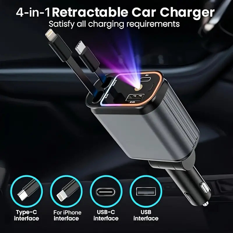 Car Charger with 4-in-1, 66W, USB C Car Charger, 180° Free Direction Adjustment, Anti-Tangle Rebound Design, Starlight Four-in-One Telescopic Car Charger USB-C Dual Fast Charging Compatible with iPhone 16-13/iPad/Android Universal Fit All Vehicles