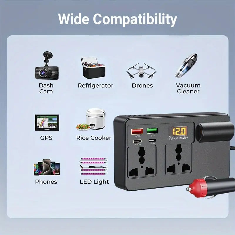Car Electronic Device Universal Fast Charger with LED Display and 4 USB Ports, Vehicle Inverter Converter Plug 12V/24V to 220V Power Socket, Portable Power Adapter, Essential for Travel