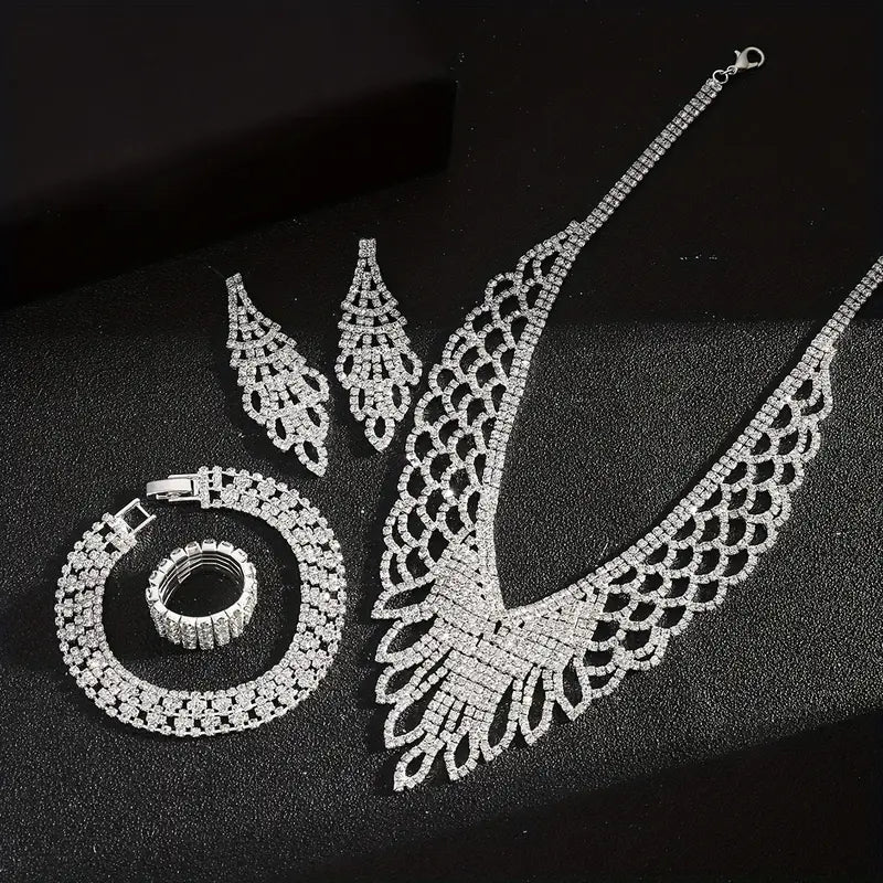 Luxury Exquisite Middle Eastern Bride Wedding Jewelry Set with Sparkling Rhinestones, Hollow Necklace, Bracelet, Earrings, and Stretch Ring