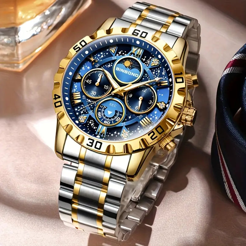 legant Men's Quartz Watch - Sophisticated Golden-Tone with Blue Dial, Stainless Steel Band, Roman Numerals - Ideal for Business, Casual & Sports Wear - Perfect Birthday or Holiday Gift, Gift Watch|Sophisticated Style|Zinc Alloy Case