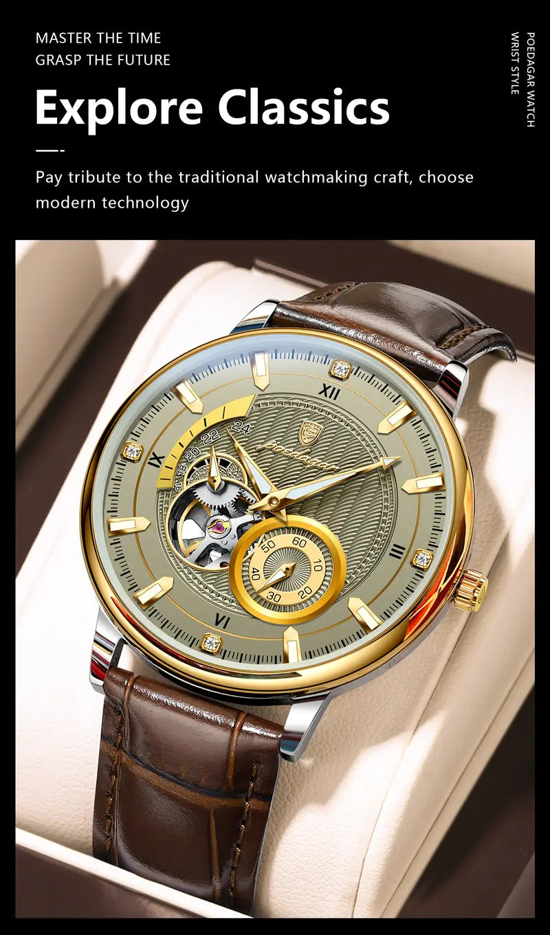 Poedagar Fashion Luxury Men'S Mechanical Watch, High-end Versatile, Waterproof Night Light Men'S Watch Hollow Turbine Automatic Mechanical Watch, Without Battery
