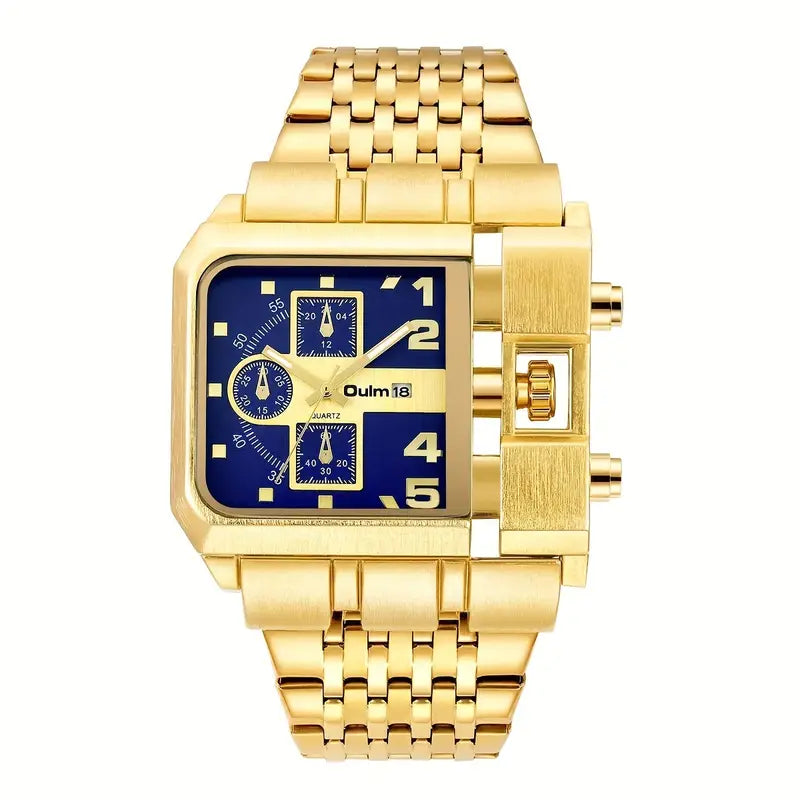 Oulm New Golden Large Dial Men's Watch with Steel Strap, Calendar Feature, Square Quartz Design - European Punk Sport Style