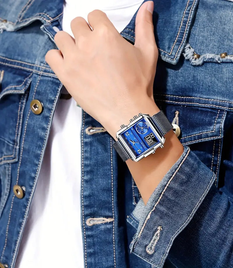 LIGE Men'S Quartz Digital Dual Display Timepiece with Mesh Strap, Square Case, Multi-Functional Design, Ideal for Students with Alarm Feature