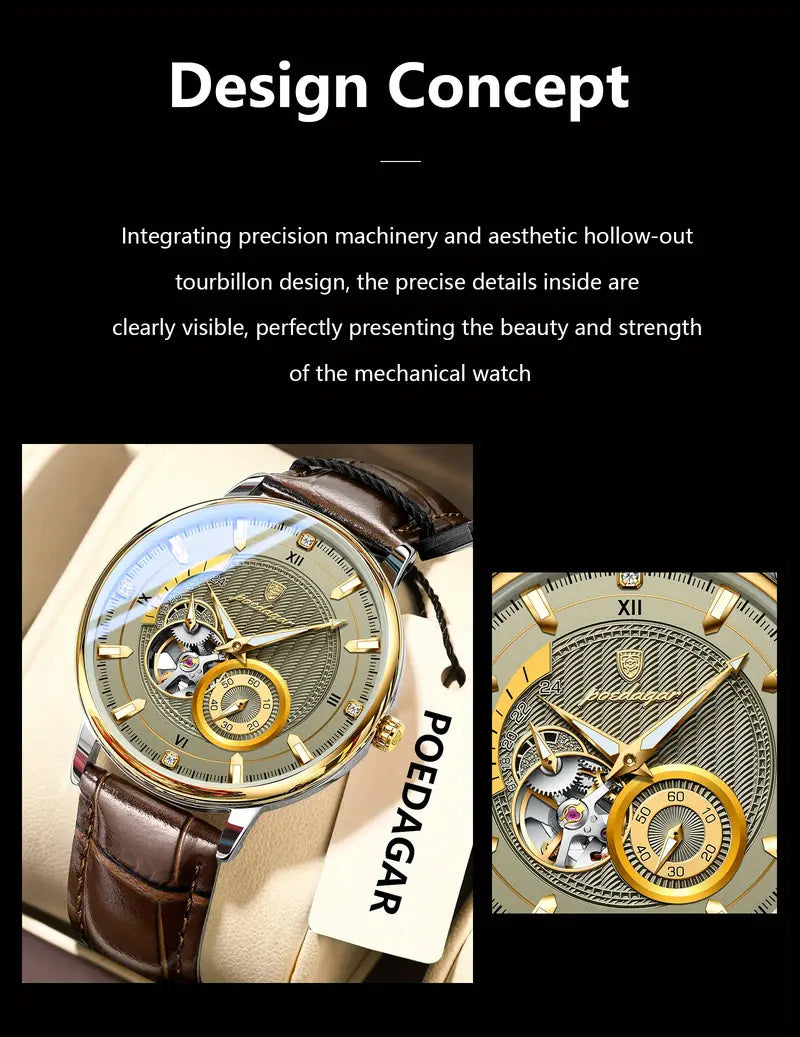 Poedagar Fashion Luxury Men'S Mechanical Watch, High-end Versatile, Waterproof Night Light Men'S Watch Hollow Turbine Automatic Mechanical Watch, Without Battery