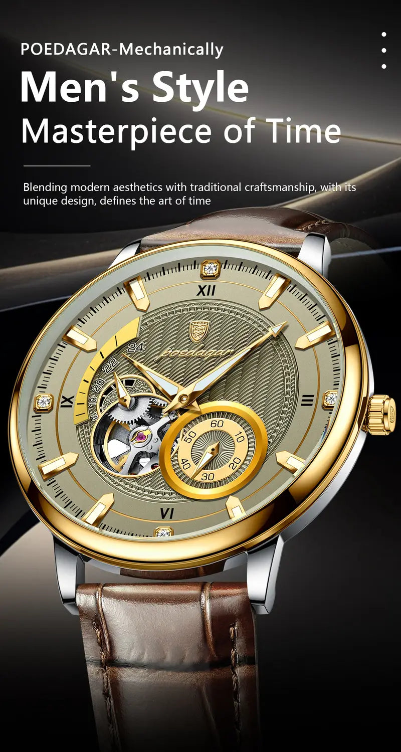 Poedagar Fashion Luxury Men'S Mechanical Watch, High-end Versatile, Waterproof Night Light Men'S Watch Hollow Turbine Automatic Mechanical Watch, Without Battery