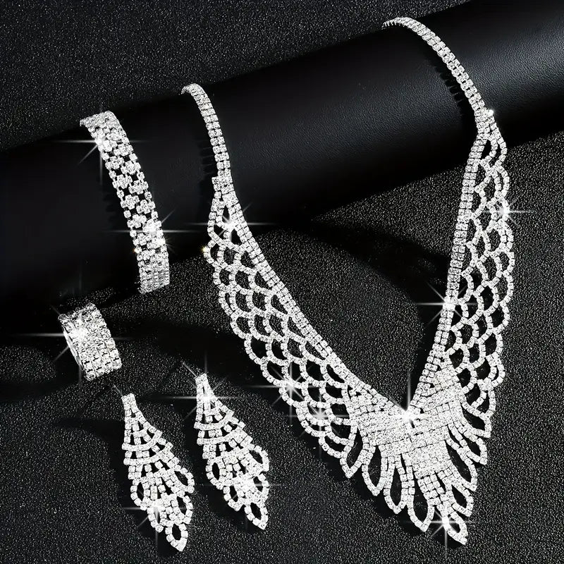 Luxury Exquisite Middle Eastern Bride Wedding Jewelry Set with Sparkling Rhinestones, Hollow Necklace, Bracelet, Earrings, and Stretch Ring