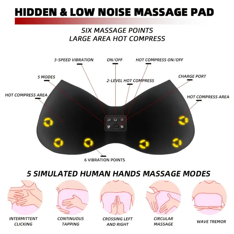 USB Rechargeable Smart Massage Hot Pad Bra, 1200mAh Lithium Battery | 5-Key Hidden Massage Cup Pad with 6 Massage Touch Points | 5 Realistic Hand Vibration Modes + 3-Speed Vibration Intensity Adjustment + Low Noise Design | 2-Level Constant Temperature