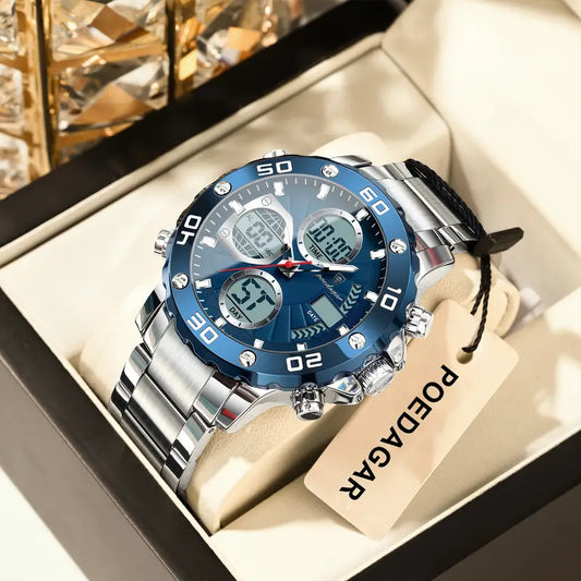 POEDAGAR Men'S Sports Watch, Stainless Steel Band, 3ATM, Digital Display, Alarm, Chronograph, Calendar, Multi-Function, Battery Powered, Non-Rechargeable, Alloy Case, Electronic Movement
