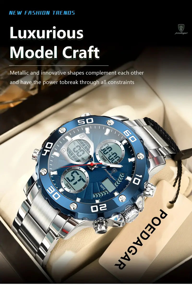 POEDAGAR Men'S Sports Watch, Stainless Steel Band, 3ATM, Digital Display, Alarm, Chronograph, Calendar, Multi-Function, Battery Powered, Non-Rechargeable, Alloy Case, Electronic Movement
