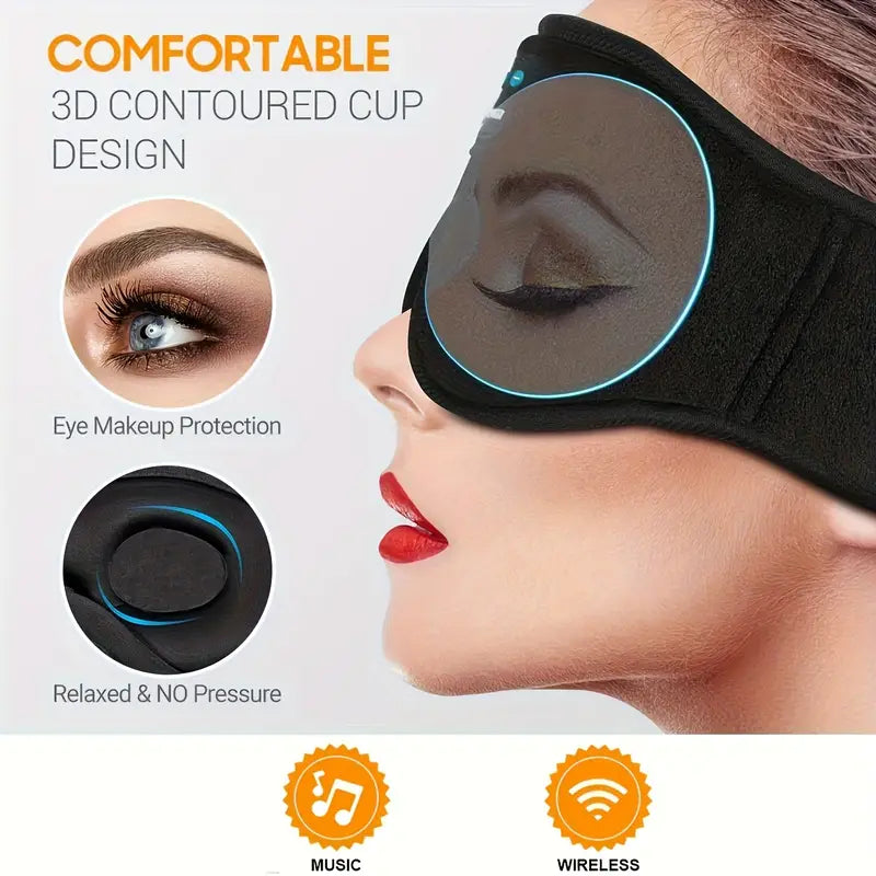 Sleep Mask with Wireless Headphones, 3D Wireless Sleeping Mask for Side Sleepers - Rechargeable Polyester Travel Essential, Black with Blue Accents, Ideal Gift for Sleepers, Sleep Mask