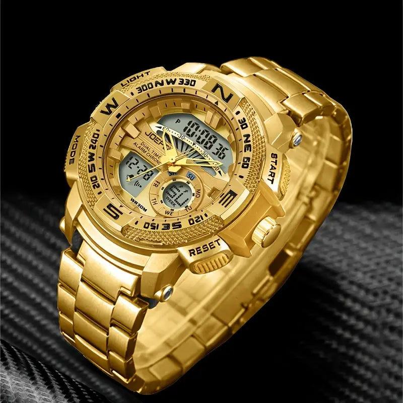 Men'S Golden-Tone Sports Watch with Stainless Steel Band, Dual Display (Analog & Digital), Alarm Clock, Stopwatch, and Glow Feature - Versatile Multifunctional Electronic Watch for Casual or Active Wear