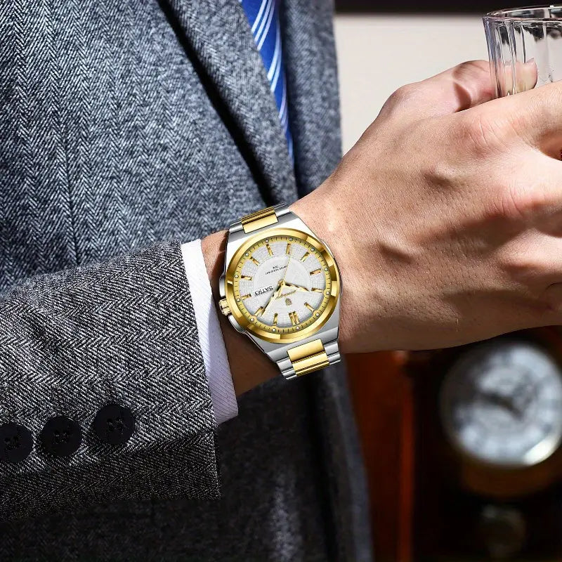 POEDAGAR Light Luxury Steady Handsome Men's Watch Fashionable Simple Sturdy Precise Youth Men's Watch Social Workplace Wear Waterproof Calendar Cycle Display Stainless Steel Quartz Watch