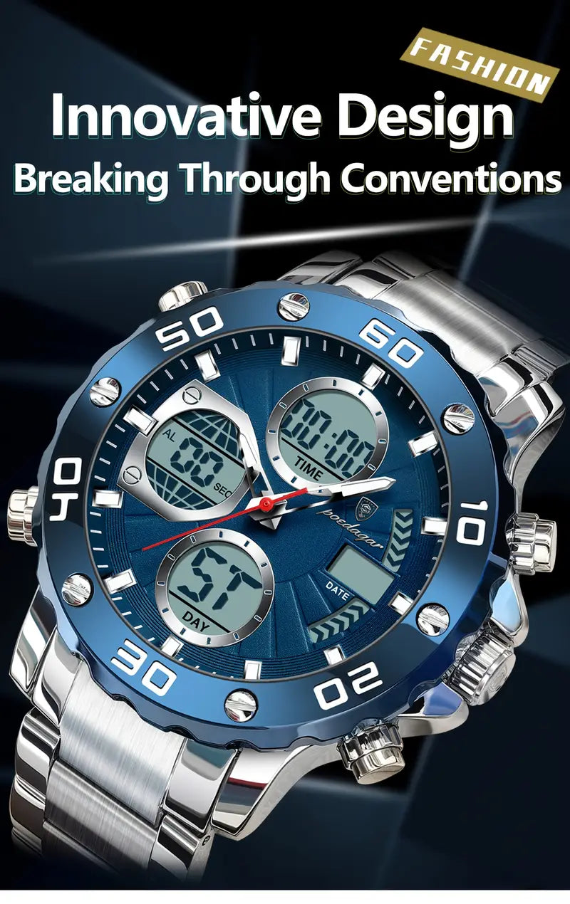POEDAGAR Men'S Sports Watch, Stainless Steel Band, 3ATM, Digital Display, Alarm, Chronograph, Calendar, Multi-Function, Battery Powered, Non-Rechargeable, Alloy Case, Electronic Movement