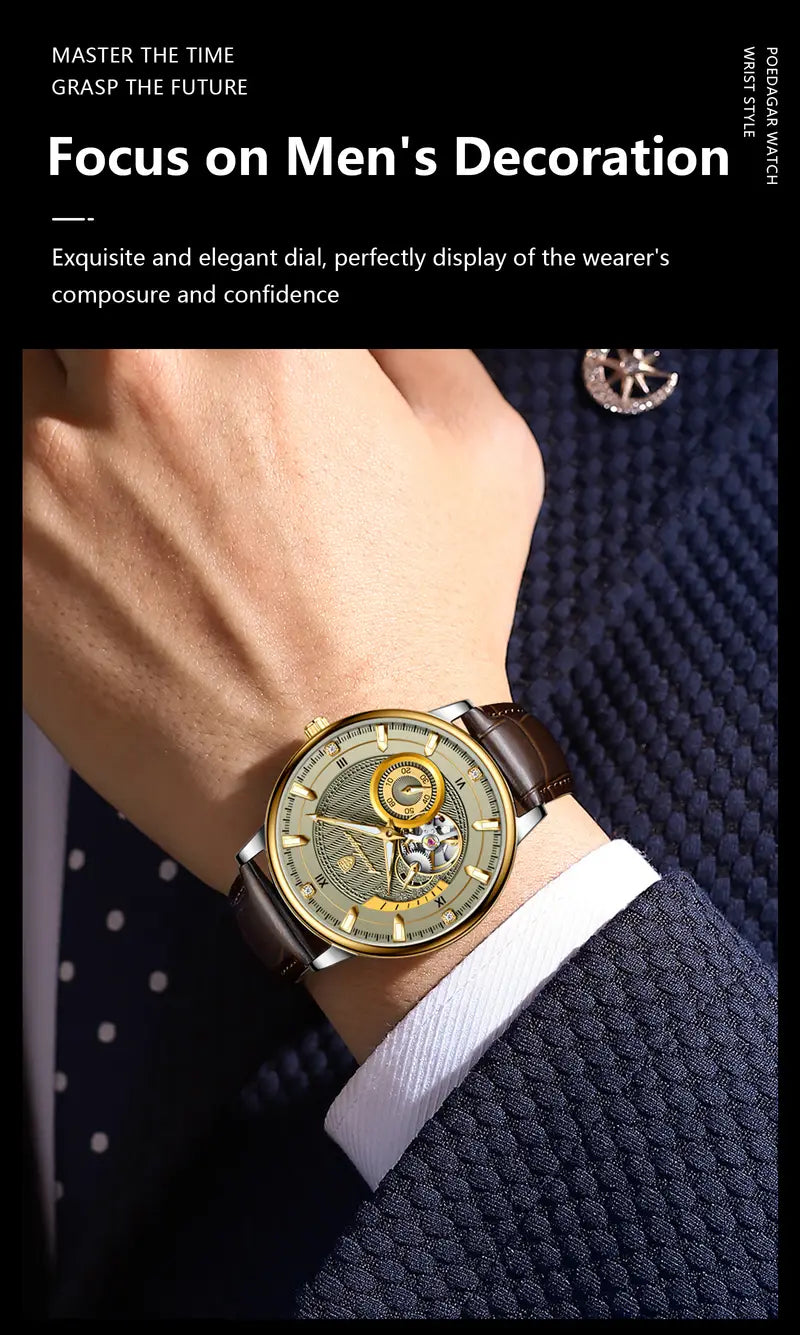 Poedagar Fashion Luxury Men'S Mechanical Watch, High-end Versatile, Waterproof Night Light Men'S Watch Hollow Turbine Automatic Mechanical Watch, Without Battery