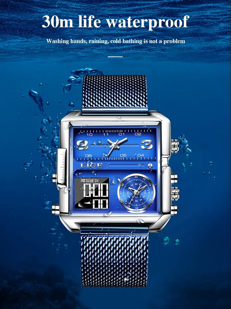 LIGE Men'S Quartz Digital Dual Display Timepiece with Mesh Strap, Square Case, Multi-Functional Design, Ideal for Students with Alarm Feature