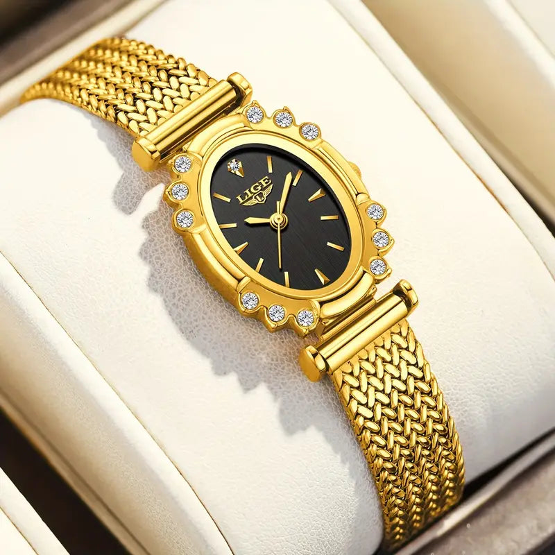 LIGE Elegant Women'S Quartz Watch - Golden Silvery Bracelet, Classic Oval Dial Minimalist Dial for Everyday & Formal Wear - Luxury Watch Gift for Men/Women Birthday, Anniversary, Wedding occasions