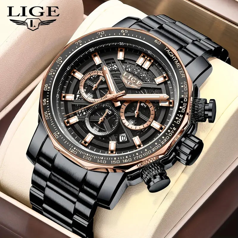 LIGE Men'S Quartz Watch - Business Style Chronograph with Date Display, Stainless Steel Strap, Golden & Black Options, Ideal Gift for Men, Formal Accessory | Modern Watch Design | Durable Watchband, LIGE