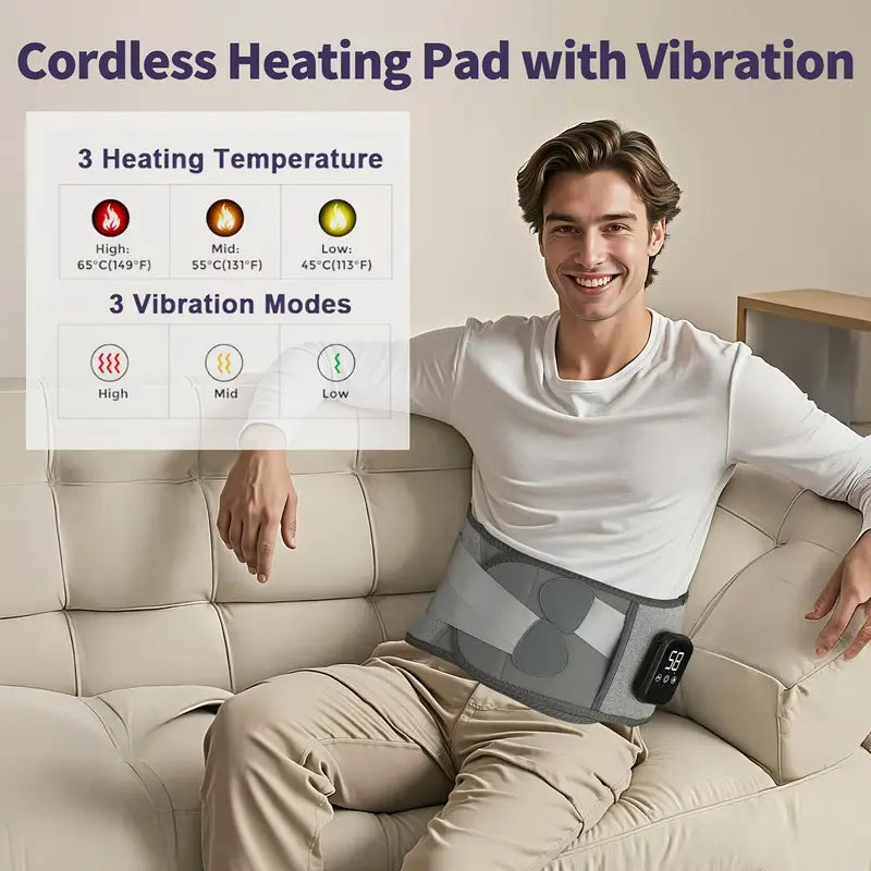 Cordless Heated Waist Massager Belt with Lumbar Support, 3 Heat & Vibration Modes, Adjustable & Wearable Under Clothes, USB Rechargeable
