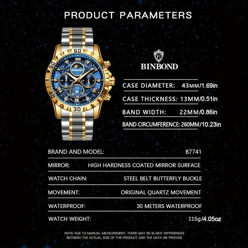 BINBOND Unisex Glossy Quartz Watch - Business Style, 3ATM, Stainless Steel Band, Round Alloy Case, Analog Display with Date Window, Business Casual Watch|Glossy Finish Watch|Quartz Movement Watch