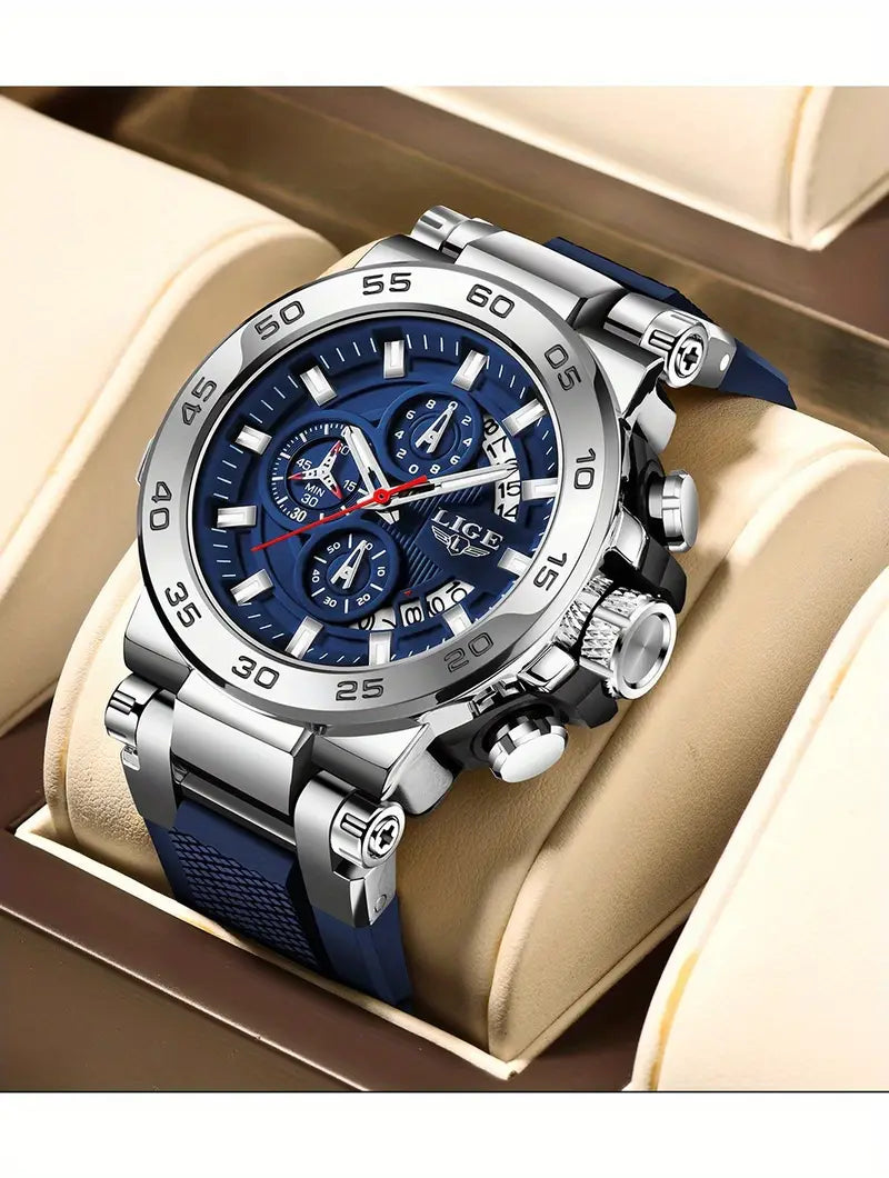 LIGE Men's Elegant Quartz Watch - Blue Dial, World Time, Stopwatch, Alarm, Silicone Strap, Zinc Alloy Case, Business Casual Style, Perfect Holiday Gift for Him, Versatile Wristwatch | Luminous Markers Watch | Silicone Strap Watch