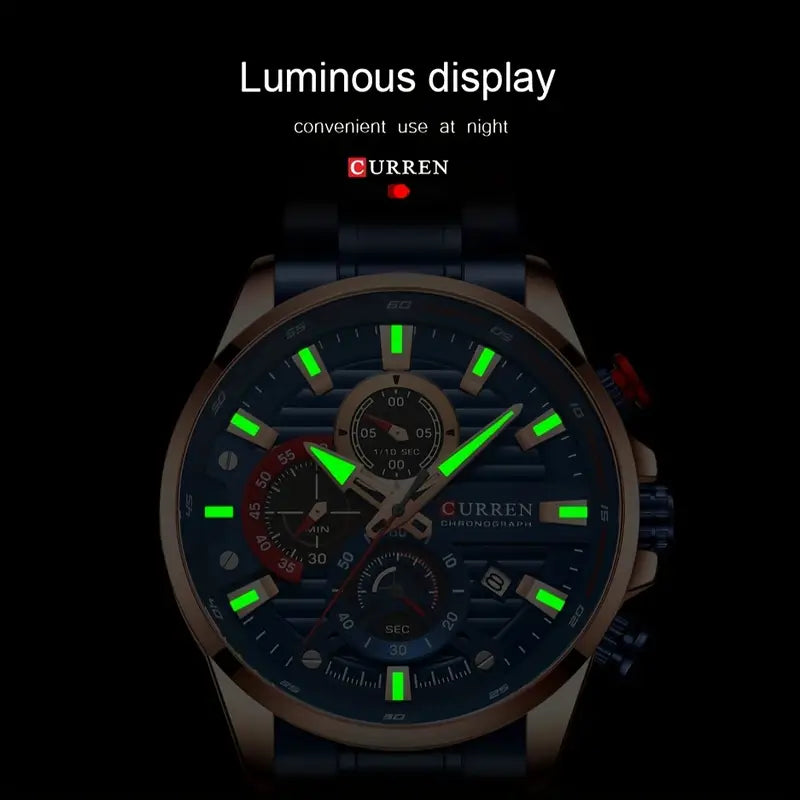 CURREN 'S Luxury Stainless Steel Business Watch with Luminous Hands, Date Display, And Multi-Function Timer - Black Dial, Red Accents, Quartz Movet, Battery-Powered, Stylish for Outdoor Parties, Party Accessory, Sophisticated Design, Durable Watch