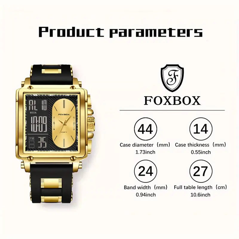 FOXBOX Brand Ladies Electronic Watch, Square Dual Screen, Multifunctional, Sports, Chronograph, Alarm Clock, Luminous, Fashion, Zinc Alloy Case, Silicone Band, Digital Movement, with Button Battery (Diameter＜20mm), Non-rechargeable