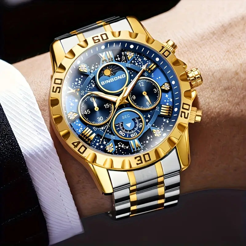 legant Men's Quartz Watch - Sophisticated Golden-Tone with Blue Dial, Stainless Steel Band, Roman Numerals - Ideal for Business, Casual & Sports Wear - Perfect Birthday or Holiday Gift, Gift Watch|Sophisticated Style|Zinc Alloy Case