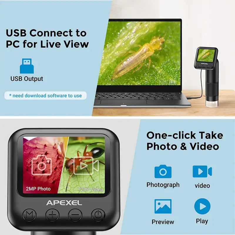 APEXEL Portable HD Digital Microscope, Handheld USB Microscope with LED for Laptop, Pocket-Sized 400X-800X Magnifier for Photos and Videos