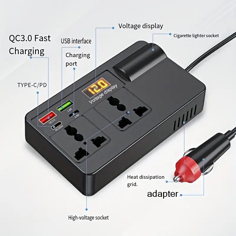 Car Electronic Device Universal Fast Charger with LED Display and 4 USB Ports, Vehicle Inverter Converter Plug 12V/24V to 220V Power Socket, Portable Power Adapter, Essential for Travel