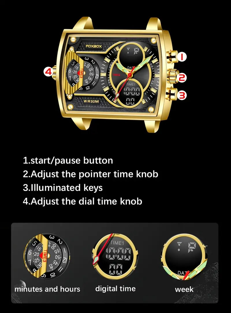 FOXBOX Elegant Women's Watch with Stainless Steel Mesh Strap, Dual Time Zone Display, Luminous Black Dial, Golden-Tone Square Case, IP68 High Quality, Quartz Movement, Bling Watch, Luxury Timepiece, Sleek Square Design, Durable Timepiece