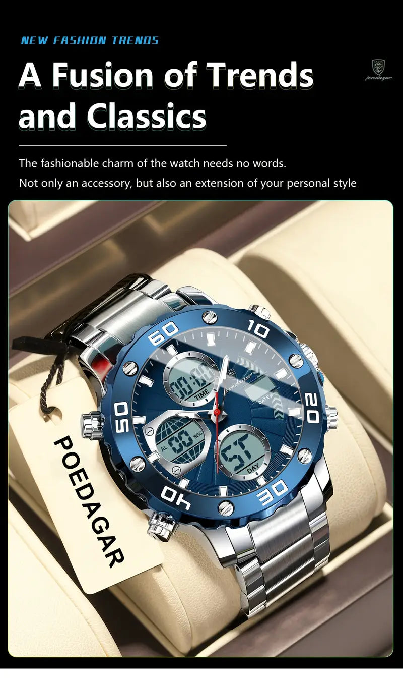 POEDAGAR Men'S Sports Watch, Stainless Steel Band, 3ATM, Digital Display, Alarm, Chronograph, Calendar, Multi-Function, Battery Powered, Non-Rechargeable, Alloy Case, Electronic Movement