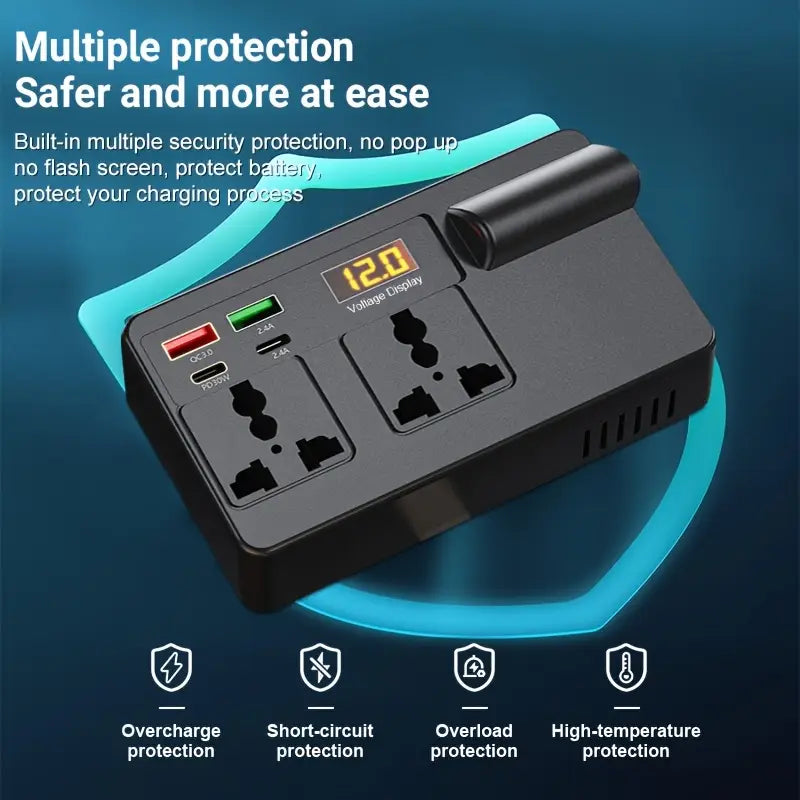 Car Electronic Device Universal Fast Charger with LED Display and 4 USB Ports, Vehicle Inverter Converter Plug 12V/24V to 220V Power Socket, Portable Power Adapter, Essential for Travel