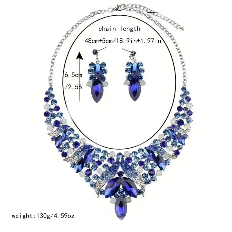 Luxury Royal Style Bow-Themed Necklace and Earrings Set, Silver Plated Zinc Alloy with Synthetic Blue Crystal, Handmade Exaggerated Jewelry for Daily Wear, Festivals, and Special Occasions