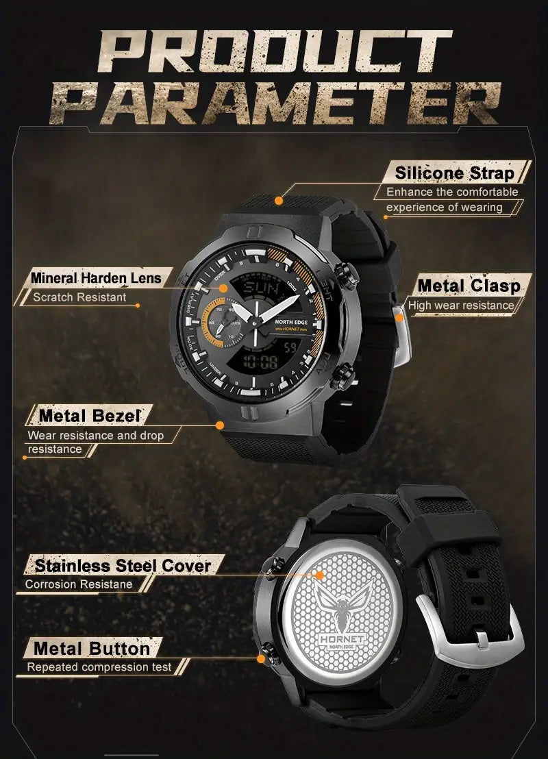 NORTH EDGE HORNET Men's Sports Watch - Black Digital Display with World Time, Speed Tracker, Stopwatch, Countdown Timer, Illumination & Water Resistance for Running, Cycling & Outdoor Activities, Cycling Wristwatch