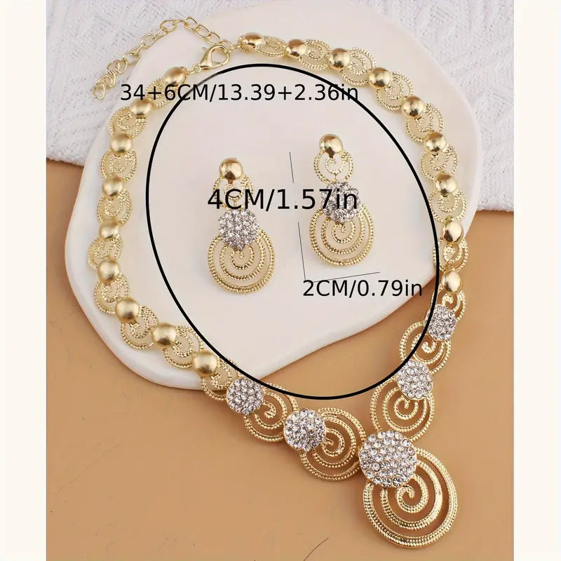 3pcs Rhinestone Golden Plated Necklace Earrings Set Women's Wedding Jewelry Vortex Necklace Earrings Gift Middle Eastern Jewelry