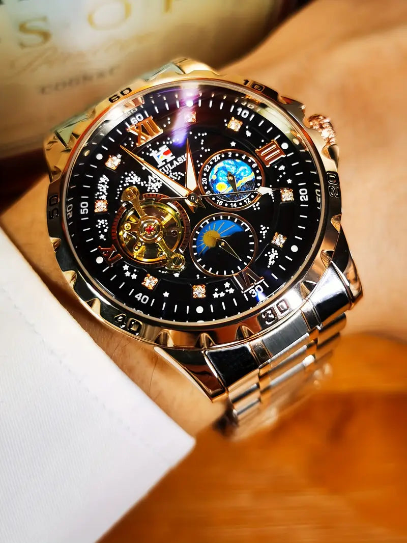 AOKULASIC Men Fashion Tourbillon Skeleton Automatic Mechanical Watch Rose Golden Case Iced Out Starry Sky Luminous Dial Top Brand Stainless Steel Strap Business Casual Mens Watches Christmas New Year Thanksgiving Day Festival Birthday Gifts