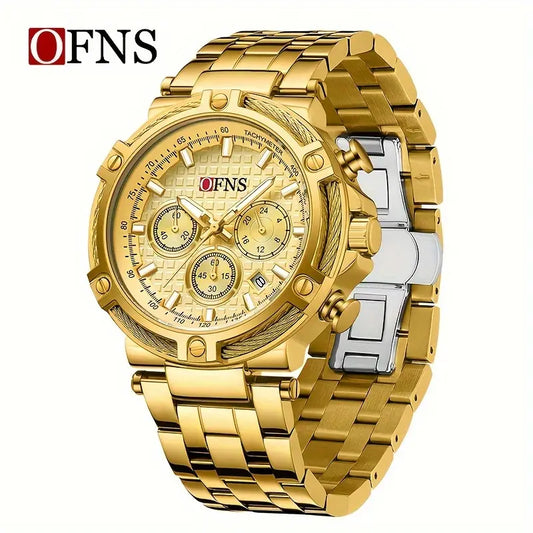 Stainless Steel Band, Nightlight, Stopwatch, Calendar, Round Dial, Golden & Black Design, Perfect Gift