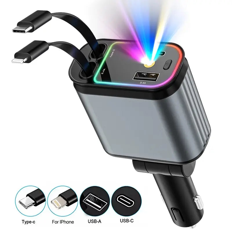 Car Charger with 4-in-1, 66W, USB C Car Charger, 180° Free Direction Adjustment, Anti-Tangle Rebound Design, Starlight Four-in-One Telescopic Car Charger USB-C Dual Fast Charging Compatible with iPhone 16-13/iPad/Android Universal Fit All Vehicles