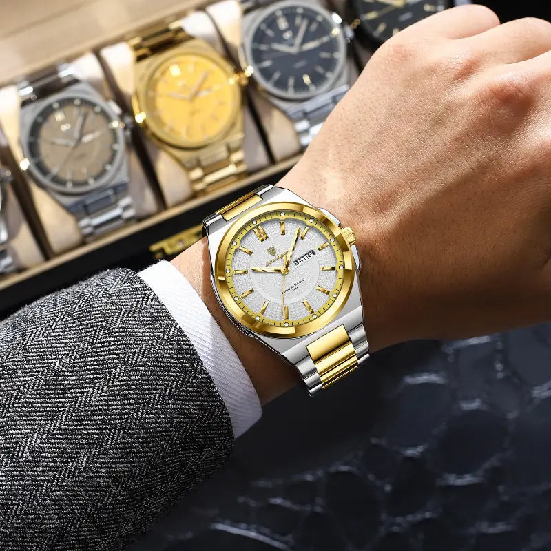 POEDAGAR Light Luxury Steady Handsome Men's Watch Fashionable Simple Sturdy Precise Youth Men's Watch Social Workplace Wear Waterproof Calendar Cycle Display Stainless Steel Quartz Watch