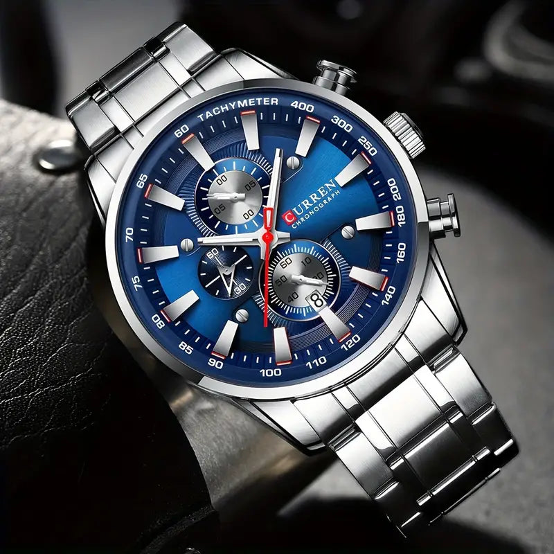The CURREN Fashion Sports Chronograph Watch Features A Date And Luminous Hands, With A Large Dial Quartz Wristwatch.