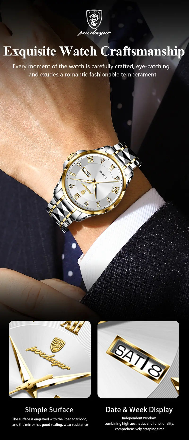 POEDAGAR Men'S Quartz Watch - Stainless Steel Band, Waterproof, Night Light, Date & Week Display, Elegant Golden-Tone Accents, Casual Style, Battery Operated, Elegant Timepiece | Golden Accents Watch | Quartz Movement Watch, POEDAGA