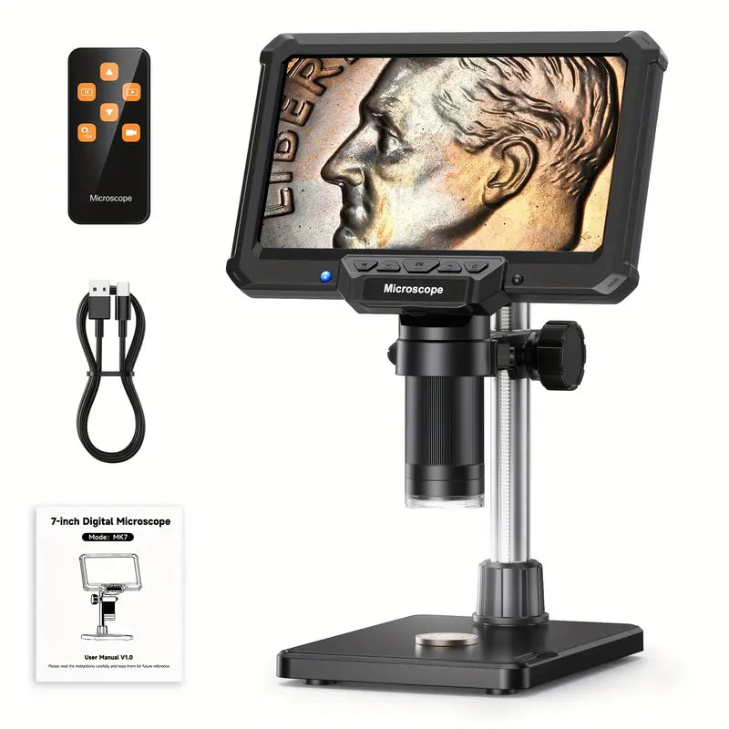 7-Inch Digital Microscope, 1200X Magnification, 16MP HD Video, USB Rechargeable, Adjustable Magnification, Portable Design for Coins, PCB, Adults, PC View, Laboratory, Quality Control, Industrial Use, Sleek Microscope, Highresolution Optics