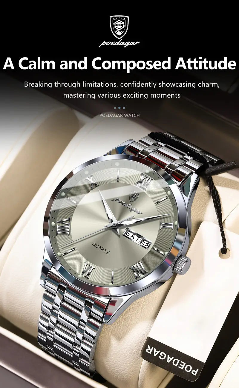 Men'S Quartz Watch | Stainless Steel & Zinc Alloy | 3ATM | Business Casual Style | Green Dial with Golden-Tone Accents | Pointer Display | Battery-Powered, No Battery Included