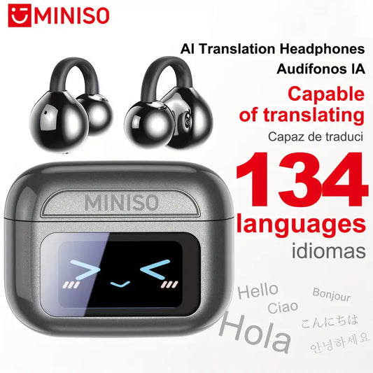 MINISO MS201 BT V6.0 Wireless Earbuds OWS In-Ear AI Translation Earphones with 60-Hour Battery Life, Color Touch Screen Bird Game, Clip-On Earrings Butterfly Decorative Accessories, Handsfree Calling, Openear Clip, Comfortable Wear, Professionals