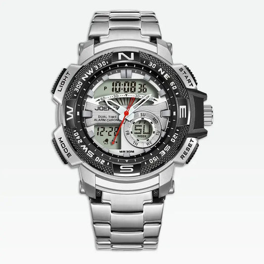 Men'S Golden-Tone Sports Watch with Stainless Steel Band, Dual Display (Analog & Digital), Alarm Clock, Stopwatch, and Glow Feature - Versatile Multifunctional Electronic Watch for Casual or Active Wear