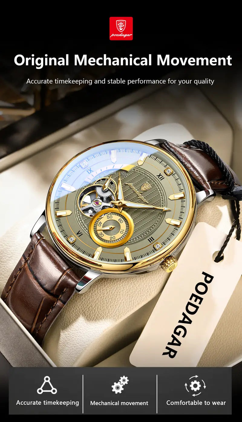 Poedagar Fashion Luxury Men'S Mechanical Watch, High-end Versatile, Waterproof Night Light Men'S Watch Hollow Turbine Automatic Mechanical Watch, Without Battery